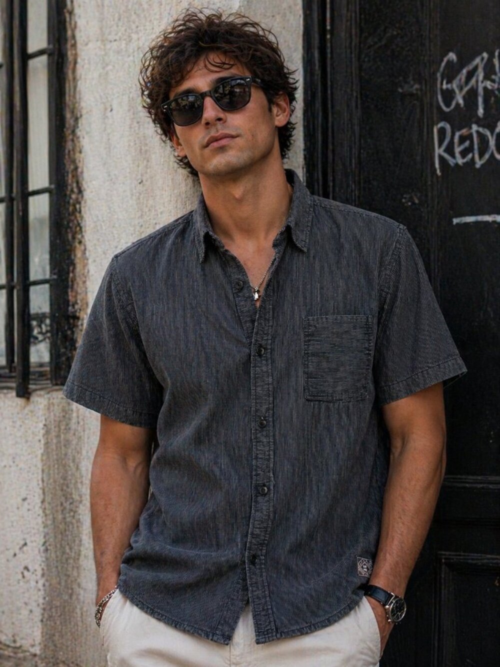 Billabong Men's Short Sleeve Shirt Black w/Grey Stripe Pocket Size Large Preppy